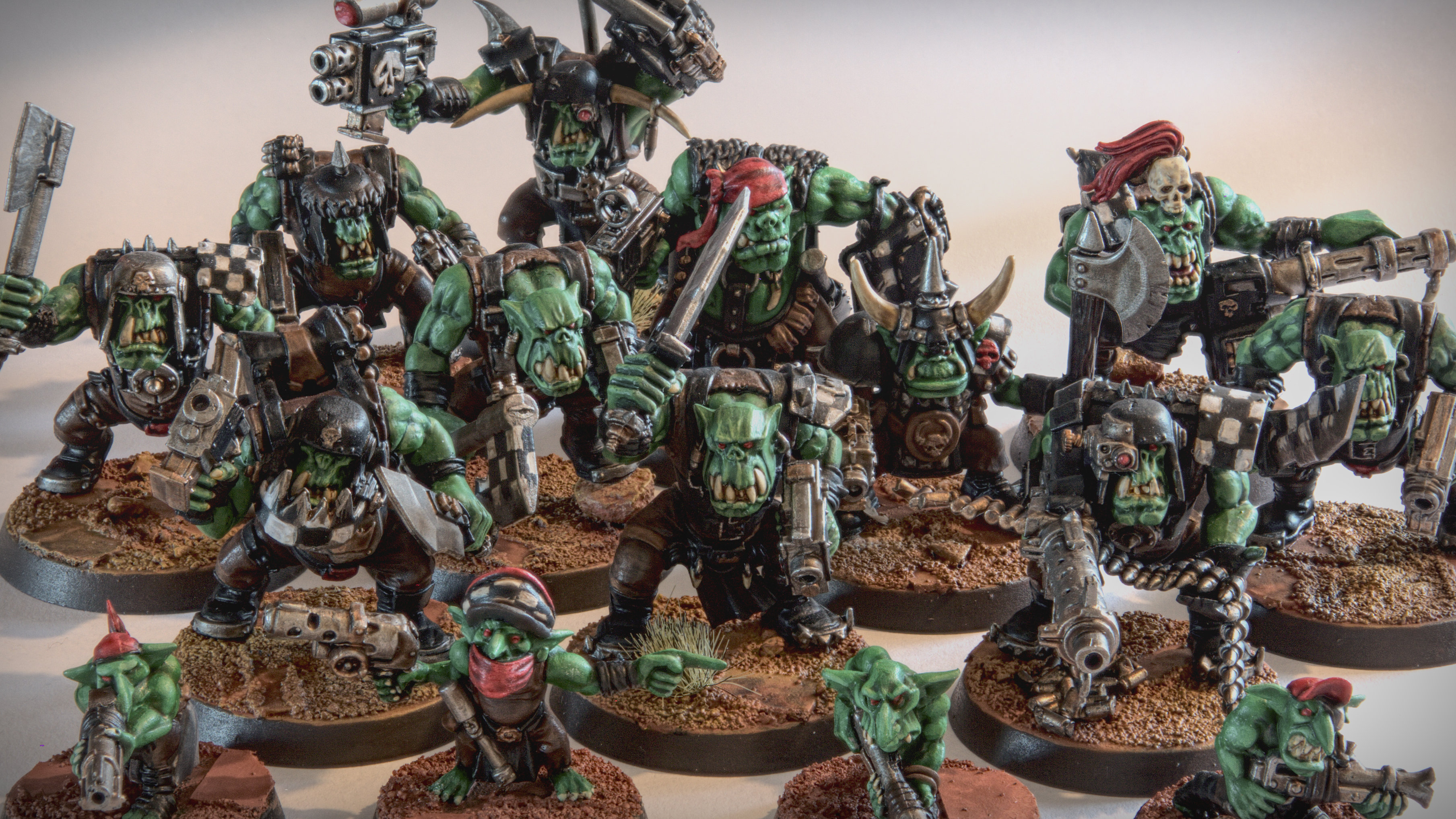 Four Games Workshop Ork miniatures ready ready to go